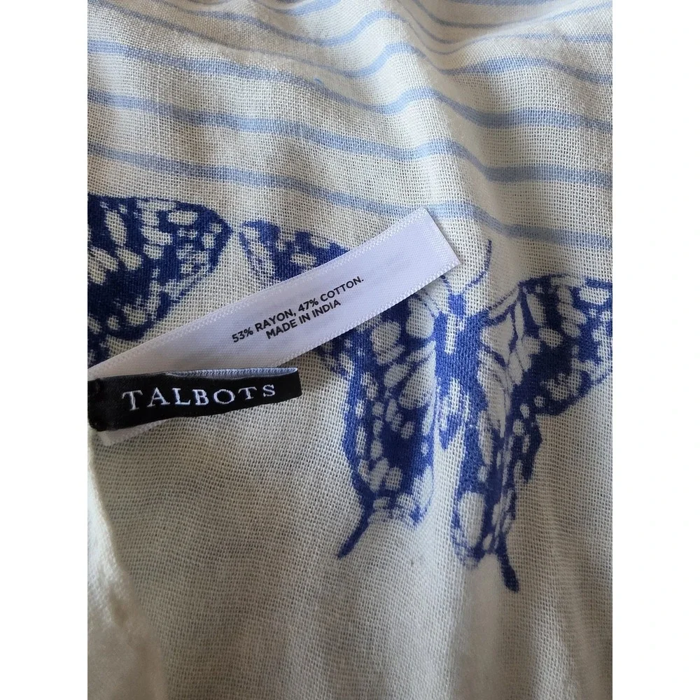 Talbots Striped Scarf White Blue Rectangle Wrap Shawl Stole Butterfly